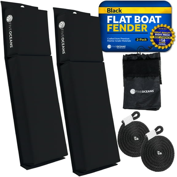 Five Oceans Contour Flat Boat Fender, Boat Fenders, Boat Bumpers for Docking, 2-Pack - 24-Inch, Black, with 3/8-Inch x 5-Foot Fender Line and Convenient Storage Bag, Waterproof PVC Fabric - FO4615