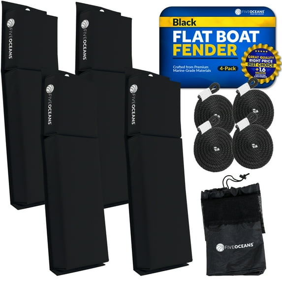 Five Oceans Contour Flat Boat Fender, Boat Fenders, Boat Bumpers for Docking, 4-Pack - 24-Inch, Black, with 3/8-Inch x 5-Foot Fender Line and Convenient Storage Bag, Waterproof PVC Fabric - FO4682