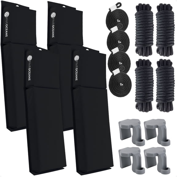 Five Oceans Contour Flat Boat Fender, Boat Fenders, Boat Bumpers for Docking, 4-Pack - 24-Inch, Black, with 3/8-Inch x 5-Foot Fender Line and Convenient Storage Bag, Waterproof PVC Fabric - FO4682