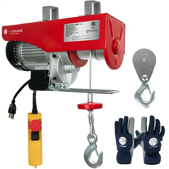 Five Oceans Electric Hoist, Hoist Pulley System, Pulley Hoist, 1320 Lb Electric Winch 20FT Remote Control 120 V, Includes Working Gloves for Garage, Factory Lifting Emergency Stop Button - FO4016-C1