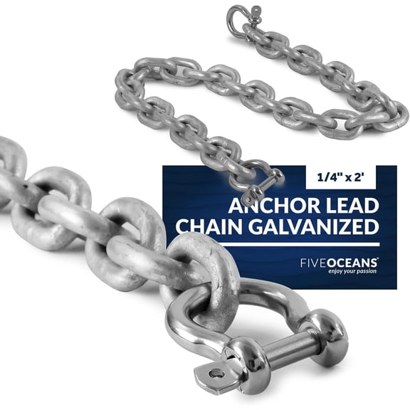 Five Oceans Galvanized Steel Anchor Chain, Boat Anchor Chain with 2 Stainless Steel Screw Pin Bow Shackle Link Ends 1/4-Inch or 5/16-Inch Width