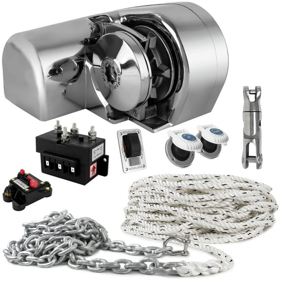 Five Oceans Horizontal Windlass Kit, Boat Anchor Windlass Atlantic 600 Watts, 12V DC, with 3-Strand Rope 1/2 Inch x 200 Ft, Galvanized Steel HT G4 Chain 1/4 Inch x 15 Ft - FO3930-C3