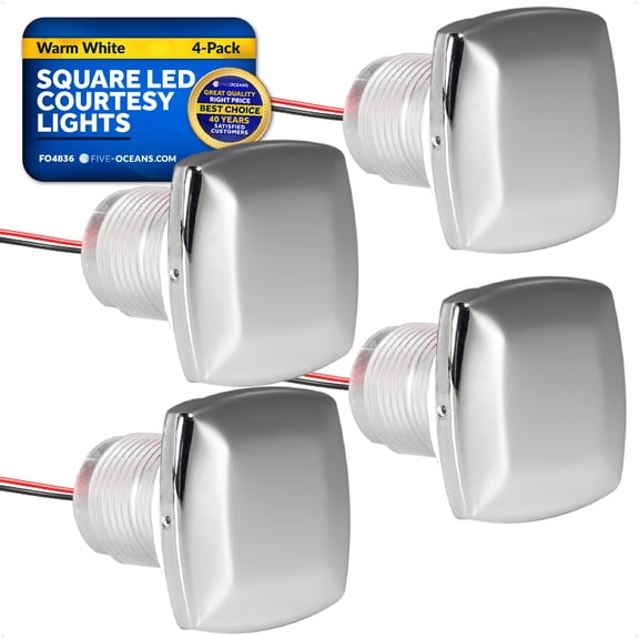 Five Oceans LED Boat Courtesy Lights, 1-5/16-Inch 316 Stainless Steel Square Cover, 4-Pack, IP67 Waterproof, Warm White 16LM, 12V, Thru-Hull Mount for Livewell & Underwater Light on Boats - FO4836