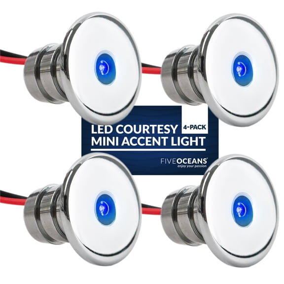 Five Oceans LED Marine Courtesy Lights, 4-Pack Boat Mini Accent Light, Round Deluxe Light for Boat Interior, Deck, Cockpit, Blue LED, for Pontoon, Fishing Boat, Bass Boat, Sailboat, RVs - FO-2445-M4
