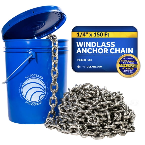 Five Oceans Marine Grade Windlass Anchor Chain for Boats, 1/4 inch x 150 Ft. Grade 43 HT G4, High Test Stainless Steel Chain for Boat Anchor Windlass System - FO4492-M150