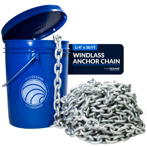 Five Oceans Marine Grade Windlass Anchor Chains for Boats, 1/4-Inch x 50 Ft, Grade 43 HT G4, High Test Hot Dip Galvanized Steel, Boat Anchor Chain - FO4489-M50
