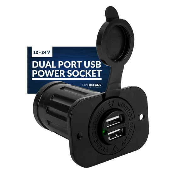 Five Oceans Marine Waterproof Dual Port USB Power Socket, 12 Volts - 24 Volts, UV-Stabilized ABS Plastic, Easy Installation, Sport, Pontoon, Fishing Boats, LED Power Indicator