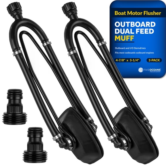 Five Oceans Outboard Motor Muffs, Dual Feed Muff Boat Motor Flusher, Black PVC Marine Grade Rectangular Muffs, Coated Steel Bracket, with Garden Hose Connector & Quick Connect Adapter 2-Pack