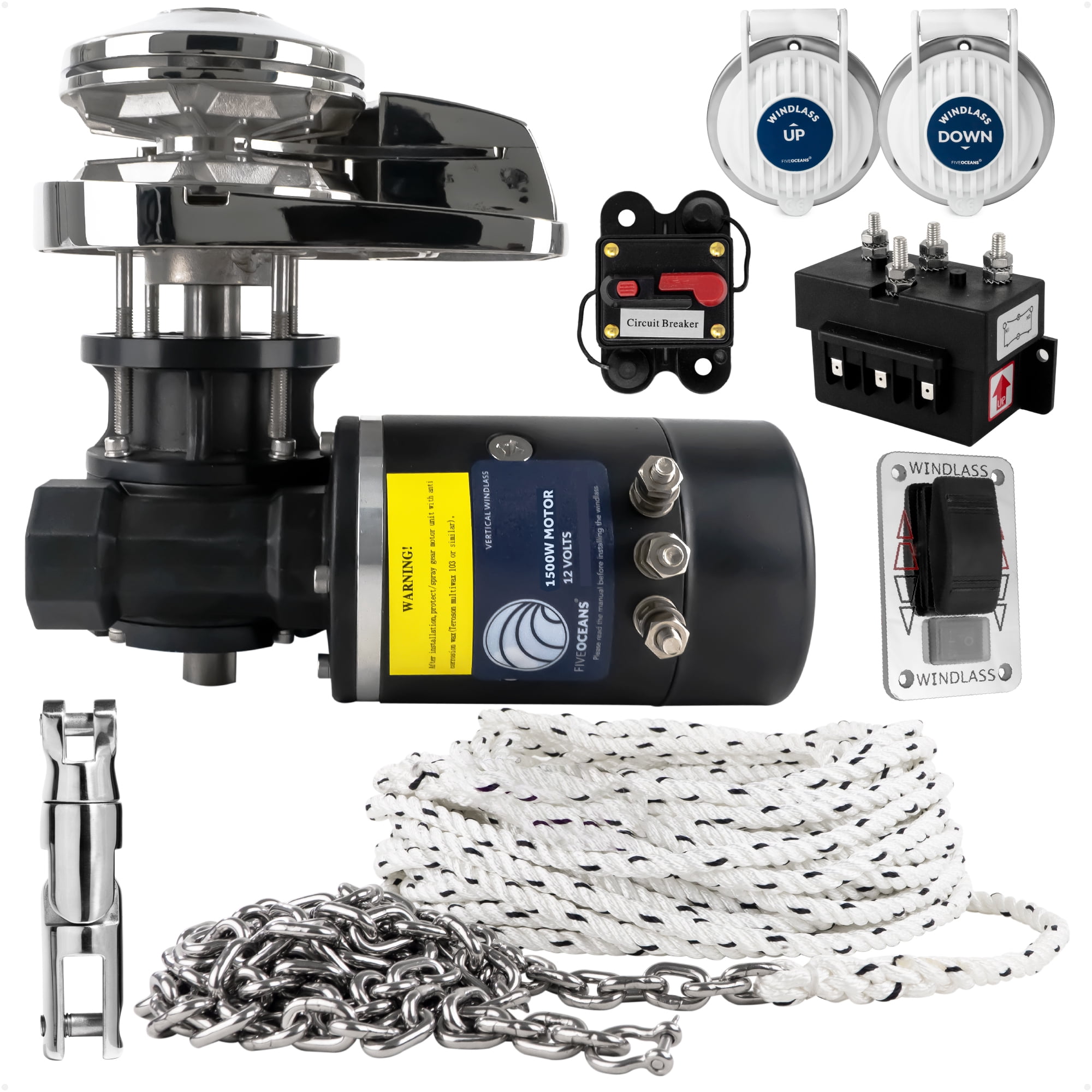 Windlass Rope Chain Kits Five Oceans Pacific Windlass Kit, Vertical 1500 Watts, 12V DC, 5/8