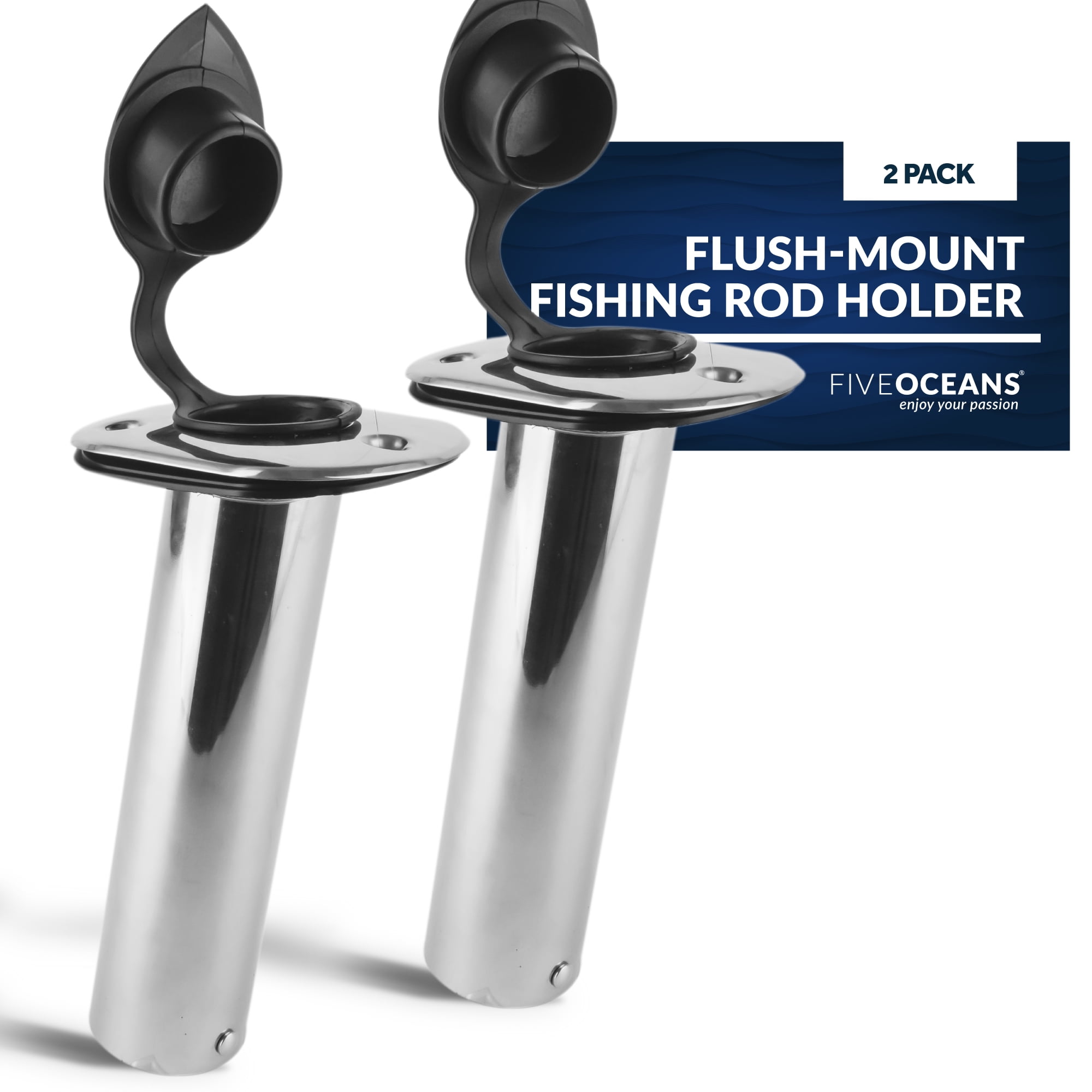 Five Oceans Stainless Steel AISI 316 Flush-Mount Fishing Rod Holder  15-Degree Top Flange w/ Flip-up Cap, Open Base End (Pair) FO4496-M2