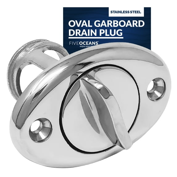 Five Oceans Stainless Steel Captive Garboard Drain Plug, For 1-1/4- Inch Transom Hole, Oval Shape, Thread with Rubber Washer Gaskets - FO2063