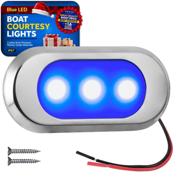 Five Oceans Ultra-Flat LED Boat Courtesy Lights, Blue - Boat Interior Lights, 12-Volt, Oculus Style 3-1/8 x 1-7/16 x 3/16 inch - Waterproof LED Marine Lights for Boats Pontoon RVs - FO4805
