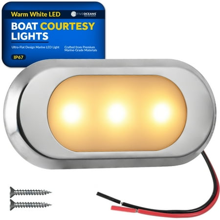Five Oceans Ultra-Flat LED Boat Courtesy Lights, Warm White - Boat Interior Lights, 12-Volt, Oculus Style 3-1/8 x 1-7/16 x 3/16 inch - Waterproof LED Marine Lights for Boats Pontoon RVs - FO4806