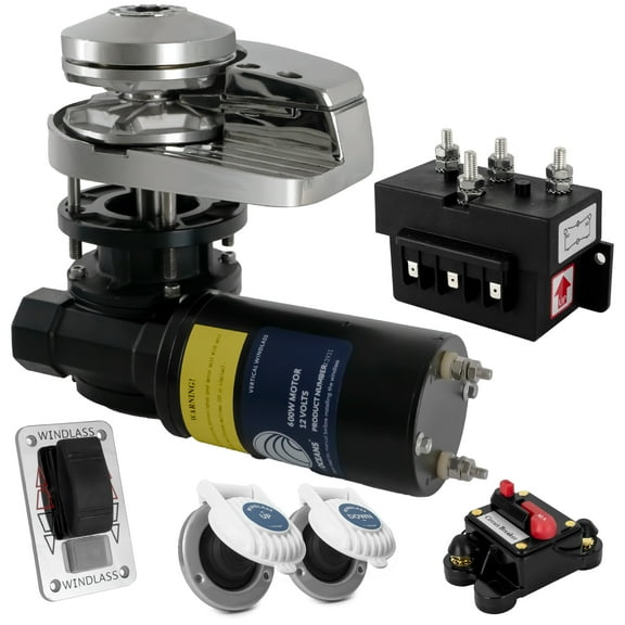 Five Oceans Vertical Windlass Kit, Boat Anchor Windlass Pacific 900 Watt, 12V DC, Max Limit Pulling Power 1455 Lb, Solenoid, 80A Circuit Breaker, Up/Down Foot Switch and Rocker Switch - FO3287