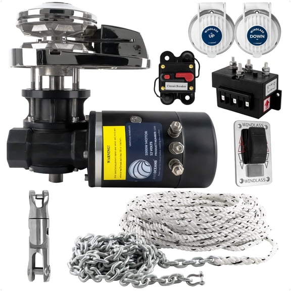 Five Oceans Vertical Windlass Kit, Boat Anchor Windlass Pacific 1000 Watts, 12V DC, Max Limit Pulling Power 1654 Lb, Solenoid, 100A Circuit Breaker, Up/Down Foot Switch and Rocker Switch - FO3288