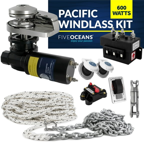 Five Oceans Vertical Windlass Kit, Boat Anchor Windlass Pacific 600 Watts, 12V DC, with 3-Strand Rope 1/2 Inch x 200 Ft, Galvanized Steel HT G4 Chain 1/4 Inch x 15 Ft - FO3931-C3
