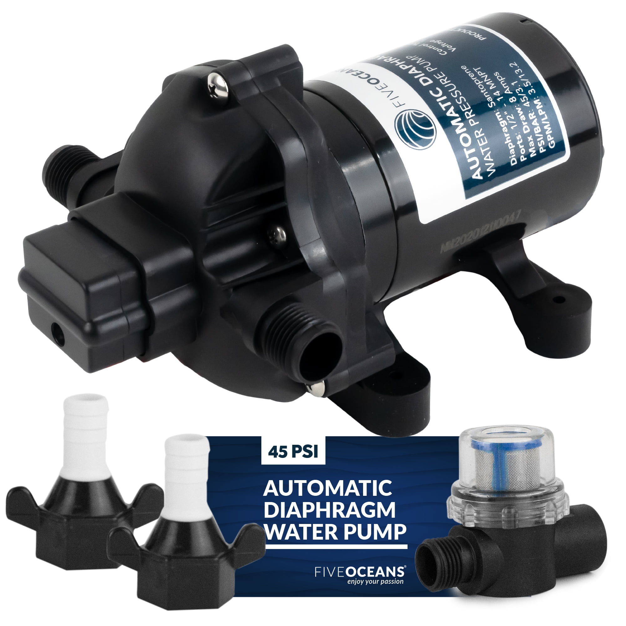 Five Oceans Water Diaphragm Self-Priming Pump, 3.0 GPM / 11.3 LPM, 45PSI Automatic Water Pump, Run Dry Safe, 12V DC, for Boat, RV, Trailer, Caravan, Truck - FO3605