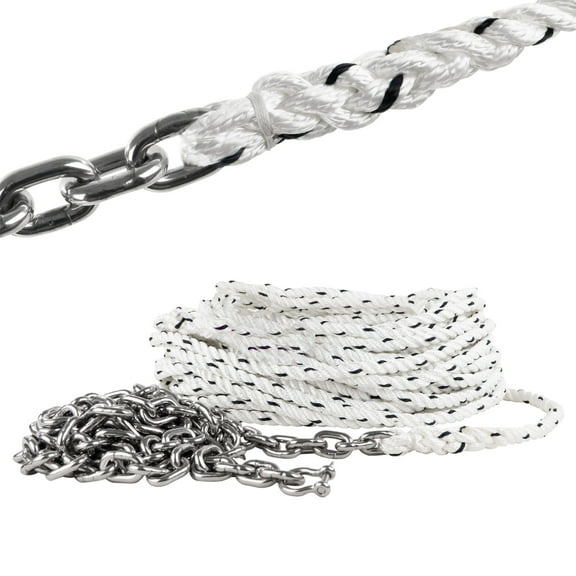 Five Oceans Windlass Anchor Rode, Hand Spliced Rope and Chain Combination, 1/2" x 100' Nylon 3-Strand Rope, 1/4" x 15' G4 Stainless Steel Chain - FO4579