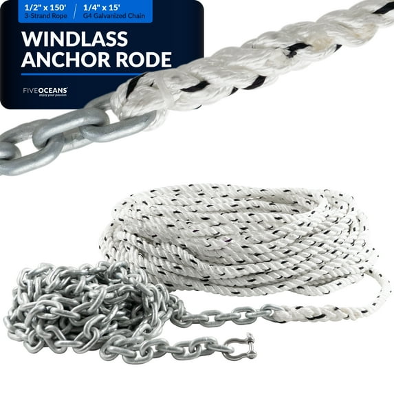Five Oceans Windlass Anchor Rode and Chain, Hand-Spliced Anchor Rope and Chain Kit, 9/16" x 200' Nylon 3-Strand Rope, 5/16" x 20' G4 Hot-Dipped Galvanized Steel Chain for Boat Anchor System - FO4524