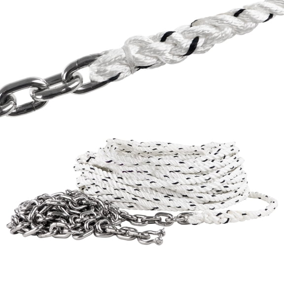 Five Oceans Windlass Anchor Rode and Chain, Hand-Spliced Anchor Rope and Chain Kit, 9/16" x 300' Nylon 3-Strand Rope, 5/16" x 20' G4 Stainless Steel Chain for Boat Anchor System - FO4580