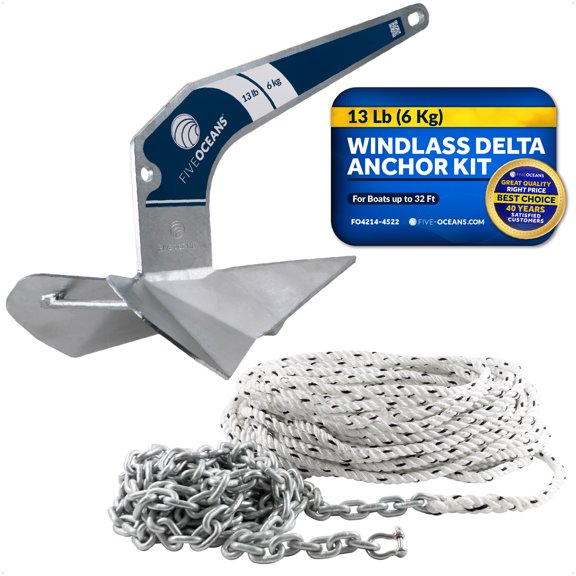 Five Oceans Windlass Boat Anchor Kit, 13 Lb Delta Style Anchor, 1/2"x150' 3-Strand Rope, 1/4"x15' HTG4 Galvanized Steel Chain - FO4214-4522