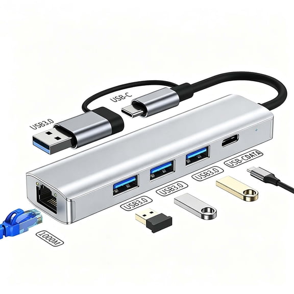 Five In One Multiport Expansion USB Hub, High Speed USB 3.0 Data Transfer Dock, Stable Gigabit Ethernet Network Connector, Built In Type C Power Supplement Interface