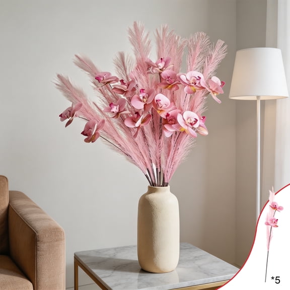 Five Pack orange Artificial Phalaenopsis orchid Stems, Bendable Shapeable No Water Fade Proof Foliage Picks, Long Lasting Floral Supply for Wedding Kitchen Fall Table Home Arrangement