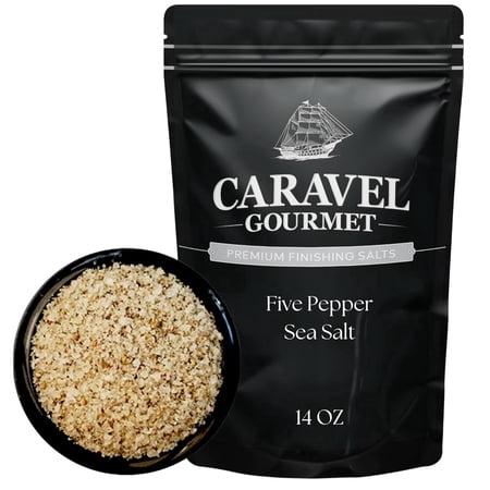 Caravel Gourmet Five Pepper Sea Salt for Cooking & Finishing, Premium Salt & Pepper Blend With Black, Pink, Red, Green & White Peppercorns 14 Oz Pouch