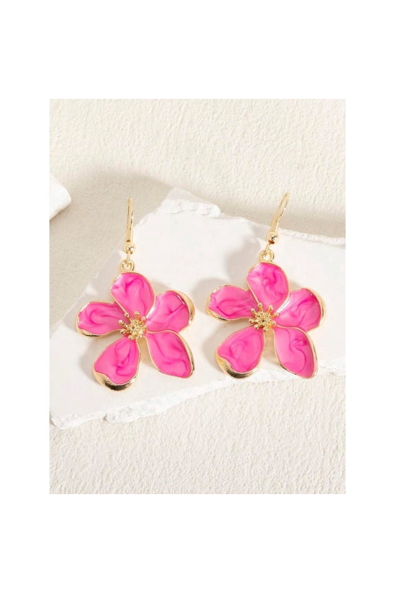 Five-Petaled Rose Red Enamel Flower Dangle Earrings With Goldtone Metal And Pink Swirl Petals