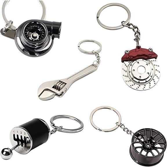 Five Piece Auto Parts Metal Key Chain Set - Manual Gear Shifter | Wheel Rim | Spanner | Turbo | Brake Disc Keychain | Auto Enthusiast Gift Set | Car Truck Bike | Parts Keyring