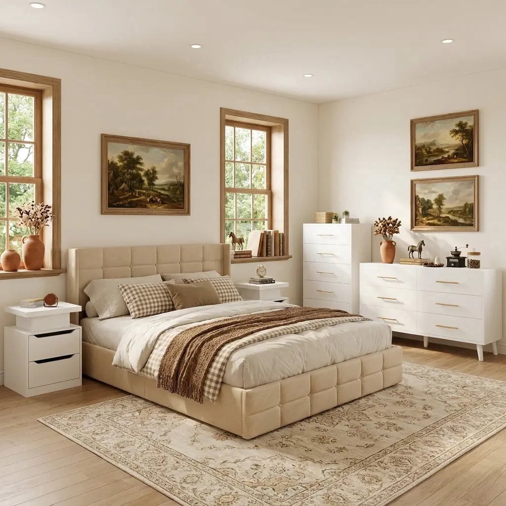 beige dresser and nightstand set BD04352 Bedroom Queen Bed + + Mirror + Linen/Beige Finish Engineered Wood Construction Furniture of America Riverstone 4-Piece