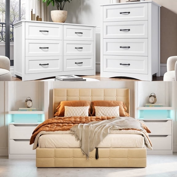 Five-Piece Bedroom Furniture Set: Queen size bed frame with headboard, two nightstands, six-drawer dresser, and wooden four-drawer storage cabinet - Beige & White