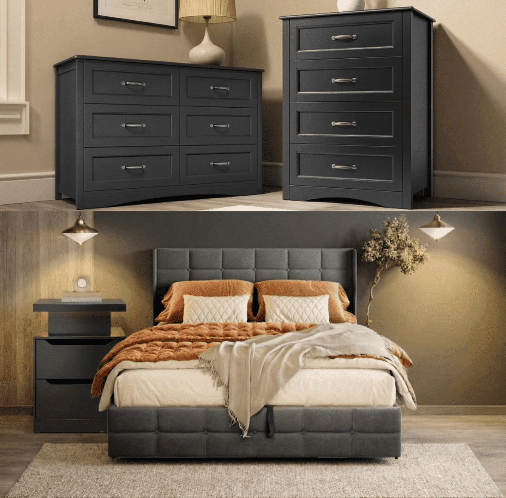 4-Piece Bedroom Furniture Set: Queen size bed frame with headboard, two-drawer nightstands, six-drawer dresser, and wooden four-drawer storage cabinet - Gray & Black