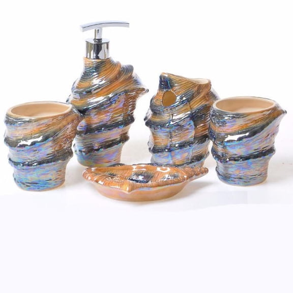 Five Piece Ceramic Iridescent Swirl Conch Bathroom Accessory Set