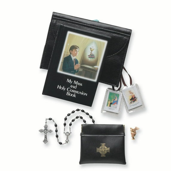 Five Piece First Communion Boy's Black Book Cover Gift Set QGP872
