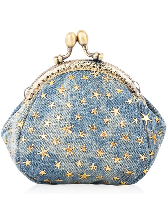Five-Pointed Star Coin Purse Denim Change Pouch Wallets Buckle with Kisslock Clasp Coin Holder Clutch Handbags for Women Ladies