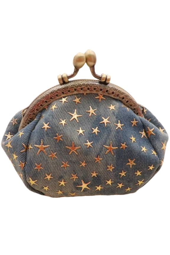 Five-Pointed Star Coin Purse Denim Clutch Coin Purse Kiss Lock Bag Denim Change Bag Hasp Bag Small Wallet for Women Ladies
