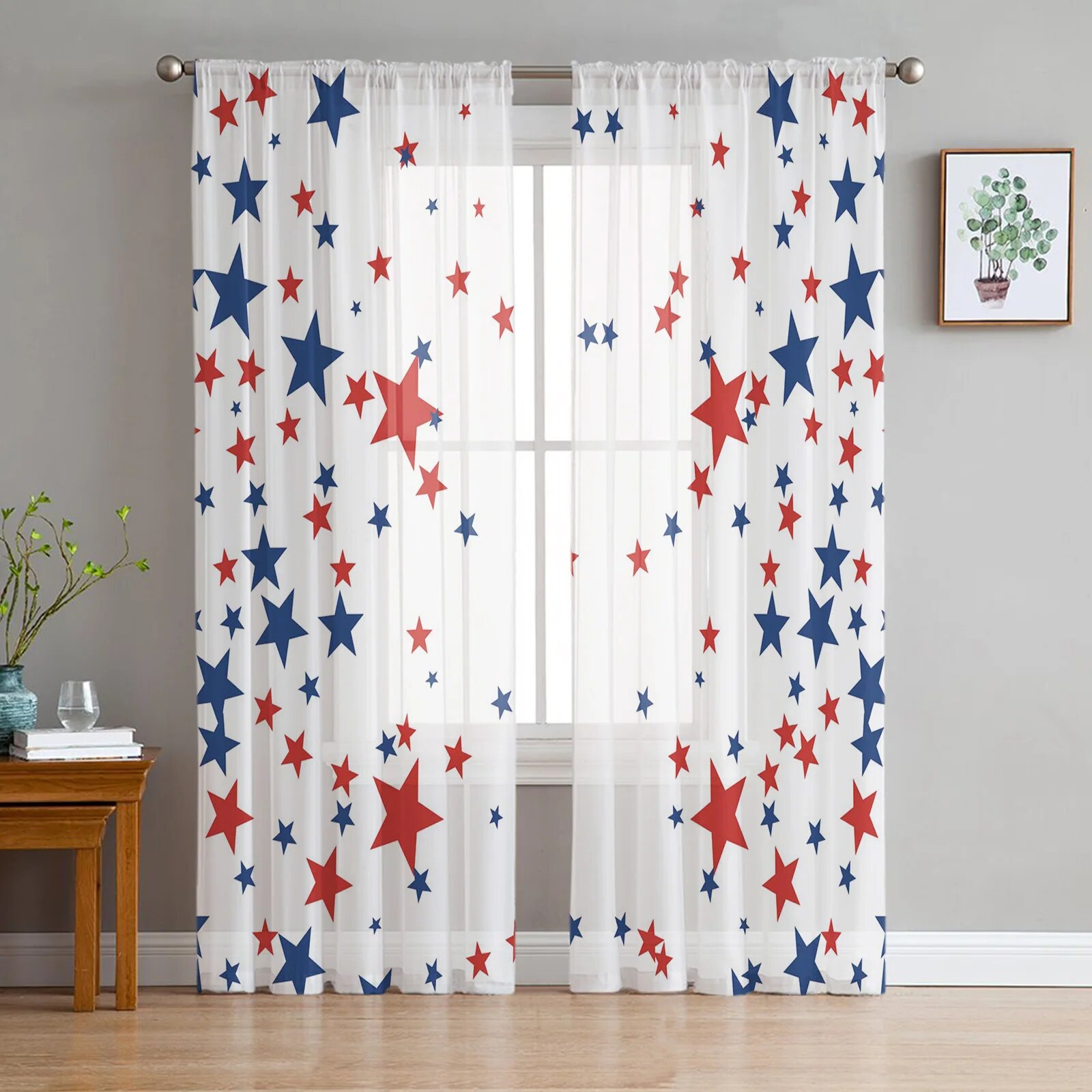 Five-Pointed Star Red Blue Window Treatment Tulle Modern Sheer Curtains ...