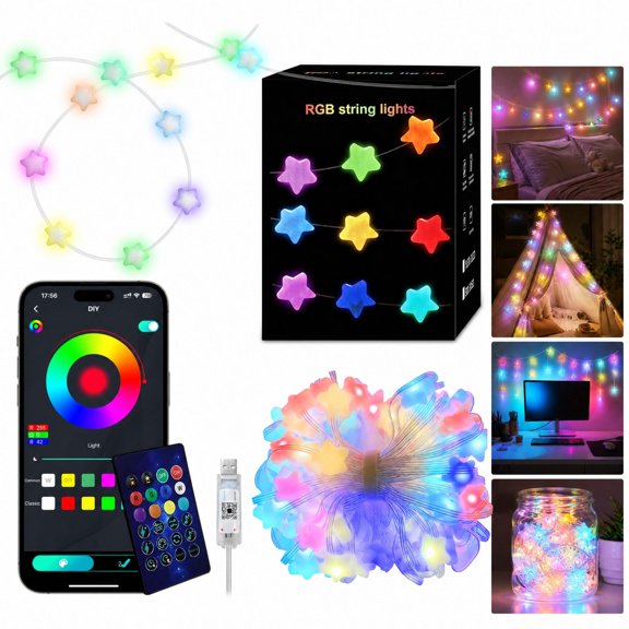 Five-Pointed Star Smart String Lights10M 66LED, Indoor Decor Star Shape LED String Lights, App Control Timable USB String Lights For Home Ambience