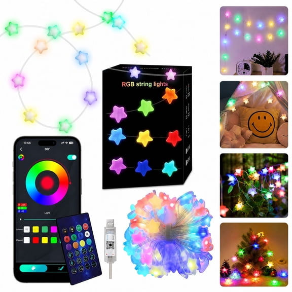 Five-Pointed Star Smart String Lights5M 33LED, Color Changing Star Shape LED String Lights, Flexible USB String Lights For Indoor Wall Tree Home Decor