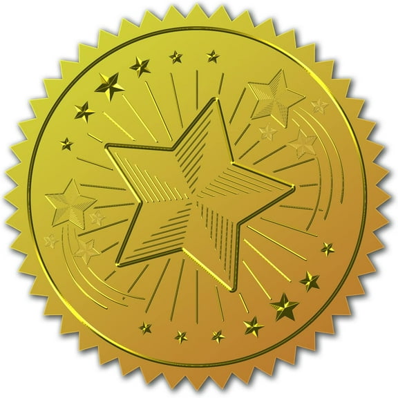 Five-Pointed Star Stickers Gold Certificate Envelope Seals 2" Round Foil Self Adhesive Embossed Label 100pcs for Wedding Invitations Certification Graduation Notary Corporate Office GoldDIY