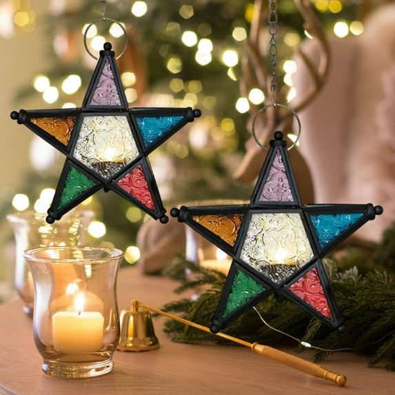 Five Pointed Star Windproof Candle Holder Iron Stained Glass Lantern Vintage Candlestick Holiday Decoration Hanging Wind Lamp Metal Glass Candlelight Decor