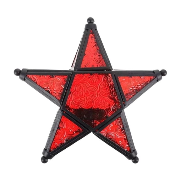Five Pointed Star Windproof Candlestick, Stained Glass Wind Lamp, Retro Holiday Candle Holder, 19.7x18.6cm Metal Glass Lantern, for Outdoor Indoor Decor, Hanging Candle Lantern