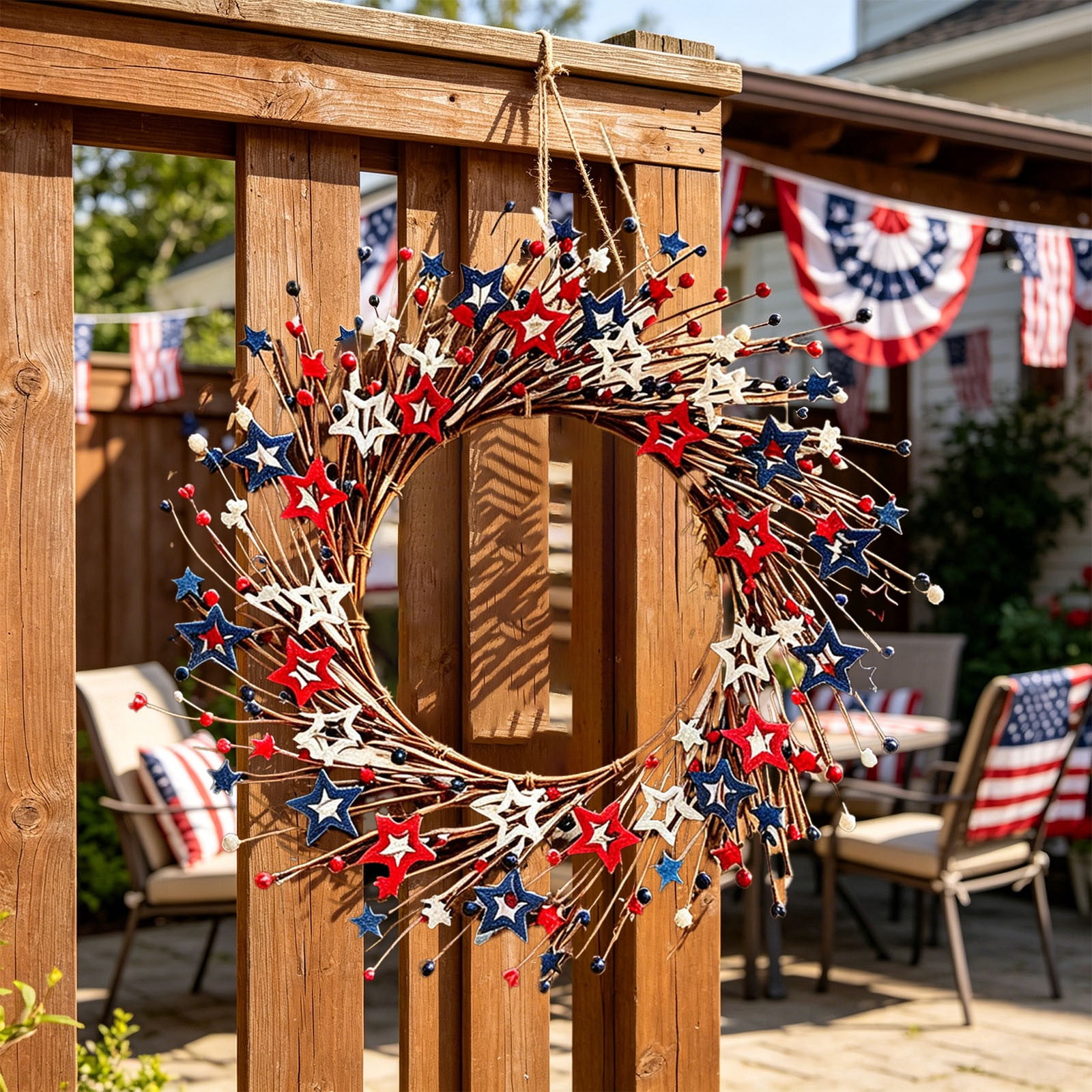 Five Pointed Star Wreath with Artificial Berries, Fabric Berry Wreath for Front Door Wall Mantel, Farmhouse Star Shaped Wreath for Seasonal Home Displays