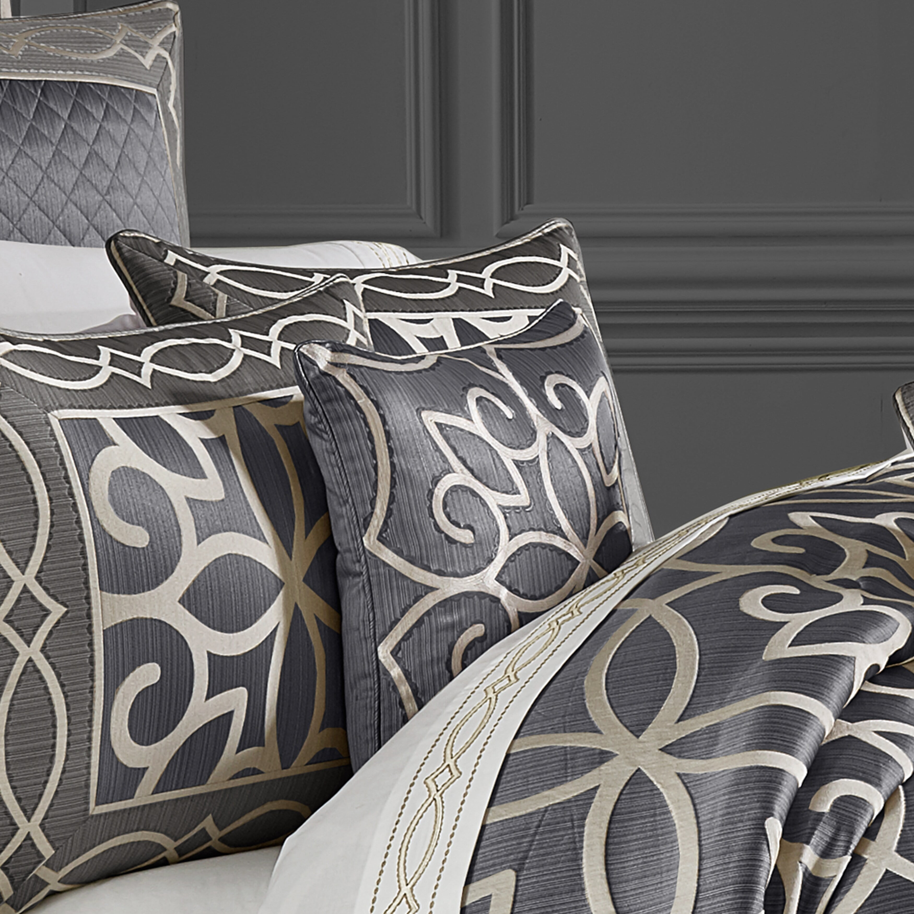 Charcoal Embroidered Satin Square Throw Pillow 18"