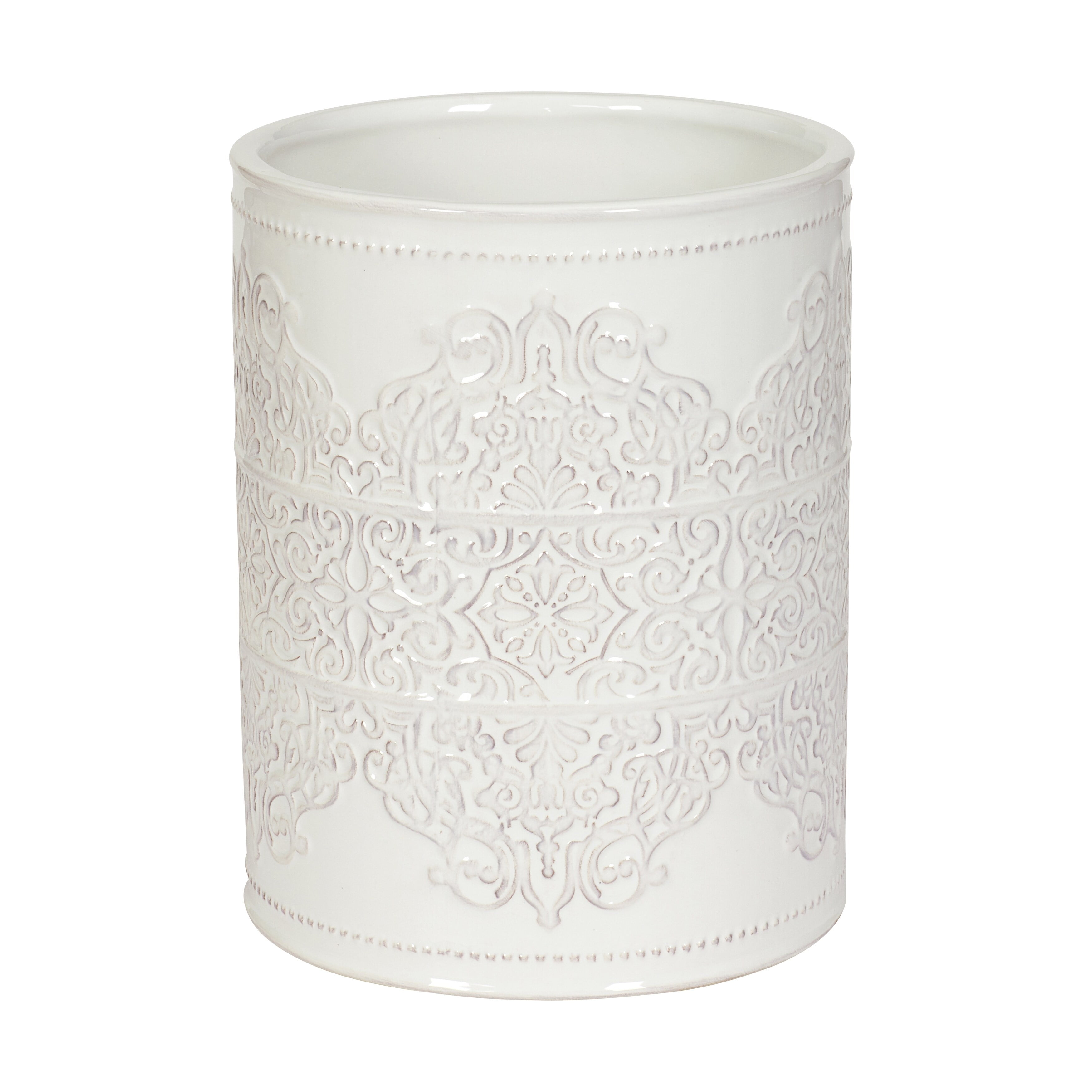 White Glazed Ceramic Embossed Box Rubbish Bin