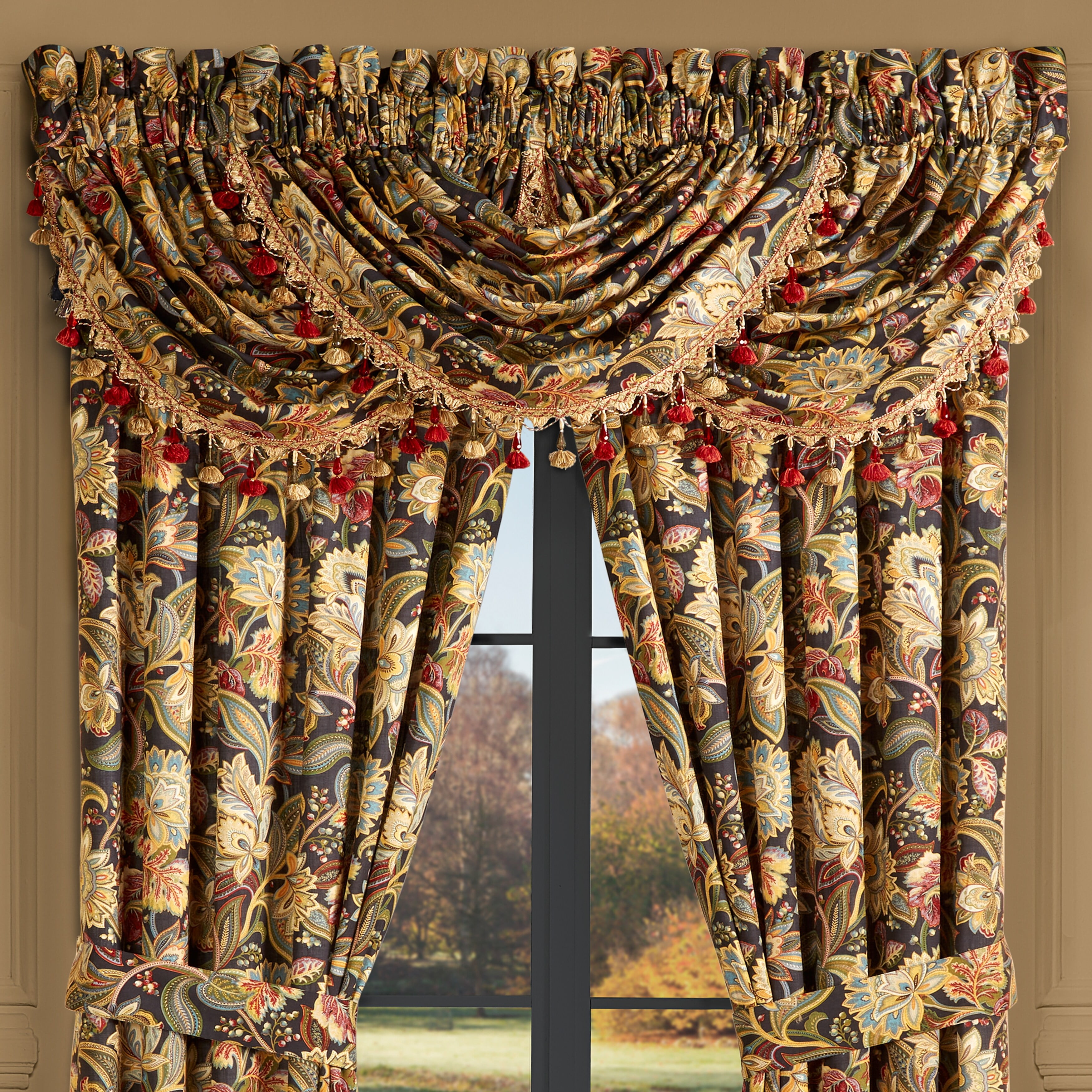 Stefania Black Cotton Waterfall Valance with Tassel Fringe