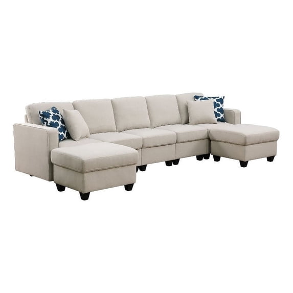 Five Seat Fabric Linen Blend Modular Sofa with Two Ottoman-Beige