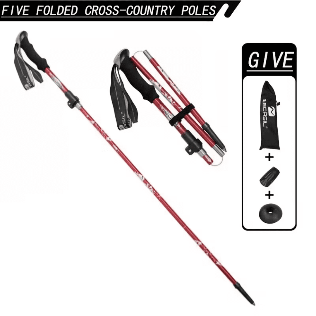 Five Section Folding Trekking Pole For Hiking And Walking, Red