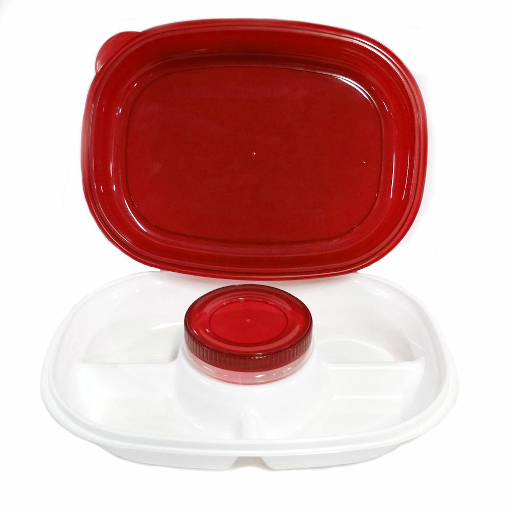 Five Section Serving Platter with Lid and Dip Container in White & Red